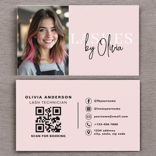 Photo QR Code Lashes Technician Blush Pink Business Card (Creator Uploaded)