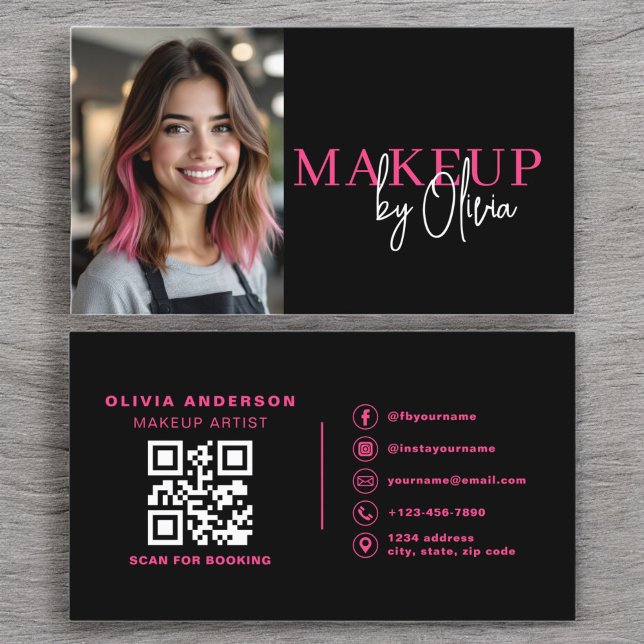 Photo QR Code Makeup Artist Hot Pink Business Card (Creator Uploaded)