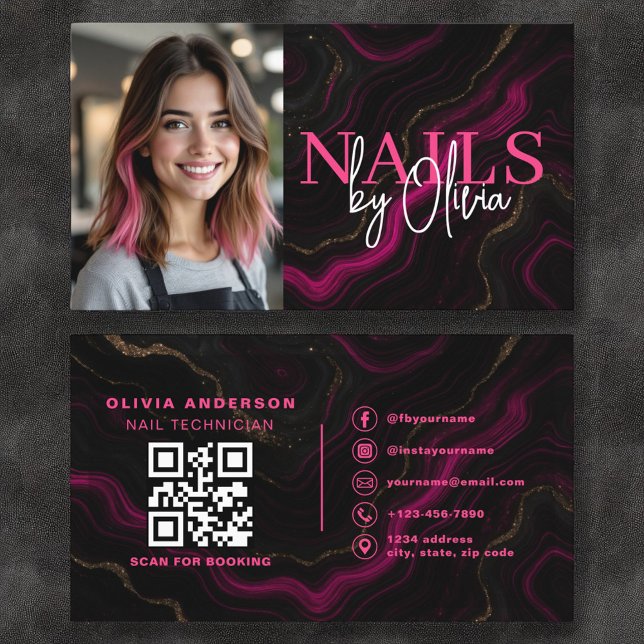 Photo QR Code Nail Specialist Artist Black Pink Business Card (Creator Uploaded)