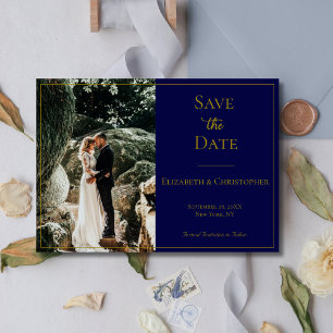 Photo QR Code Navy Blue Gold Elegant Wedding Save The Date