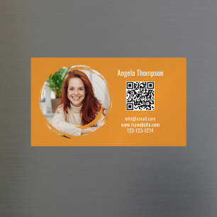 Photo QR Code Orange Modern Magnetic Magnetic Business Card