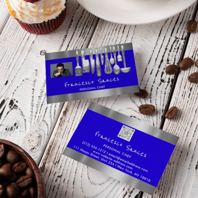Photo QR Code Personal Chef Cooking Blue Business Card (Creator Uploaded)