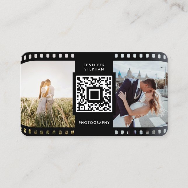 Photo QR Code Photographer Film Roll Black White Business Card (Front)