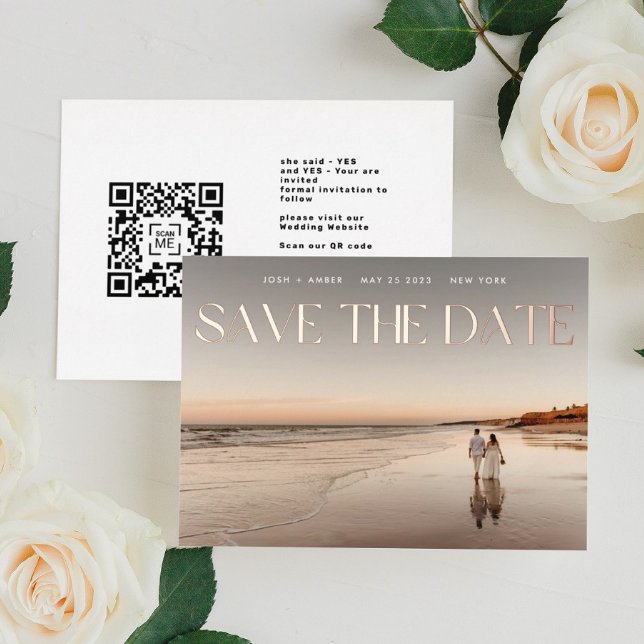 Photo QR code Rose Gold Foil Save The Date Card (Creator Uploaded)
