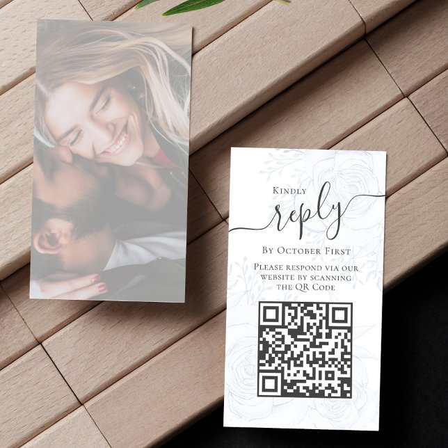 Photo QR Code RSVP Online Blue Floral Elegant  Enclosure Card (Elegant photo reply enclosure card with scannable QR Code and photo backside. )