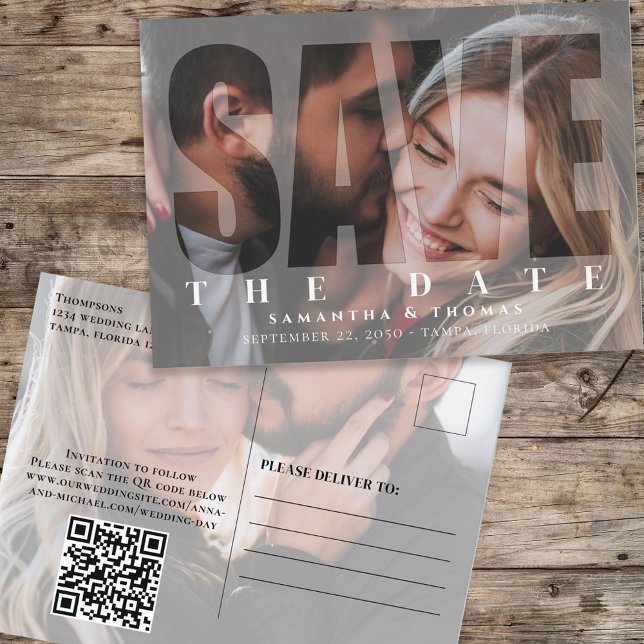 Photo QR Code Save the Date Modern Typography  Postcard (Creator Uploaded)