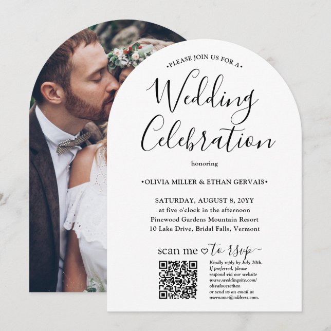 Photo & QR RSVP Simple Script Wedding Celebration Invitation (Front/Back)