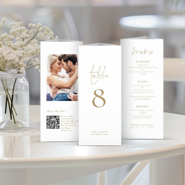 Photo QR Trifold Gold Wedding Menu Table Number  (View of each side when folded)