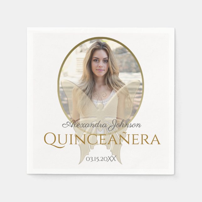 Photo Quinceanera 15th Birthday Gold Butterfly Napkin (Front)