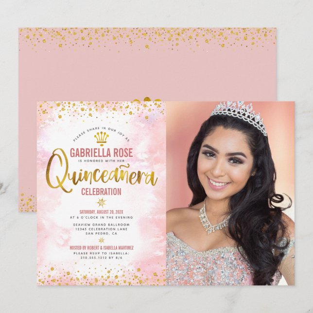 Photo Quinceañera Blush Pink Gold Glitter Tiara Invitation (Front/Back)