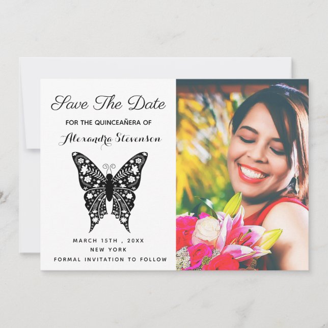 Photo Quinceanera Butterfly Black & White Birthday Save The Date (Front)