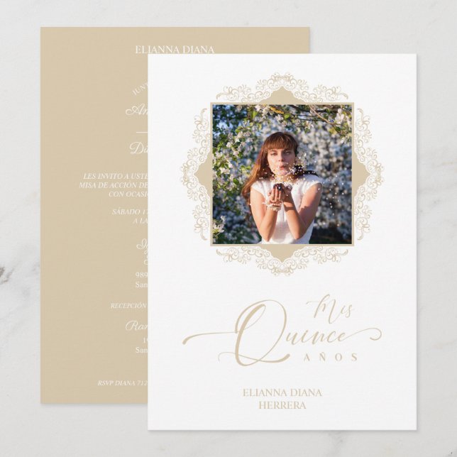 Photo Quinceañera Español Effect Golden Lace Invitation (Front/Back)