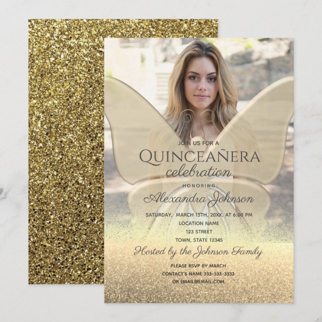 Photo Quinceanera Glitter Gold Butterfly Invitation (Front/Back)