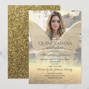 Photo Quinceanera Glitter Gold Butterfly Invitation