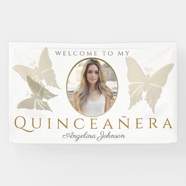 Photo Quinceanera Gold Butterfly Welcome Banner (Horizontal)