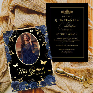 Photo Quinceanera Navy Blue Gold Rose Butterfly