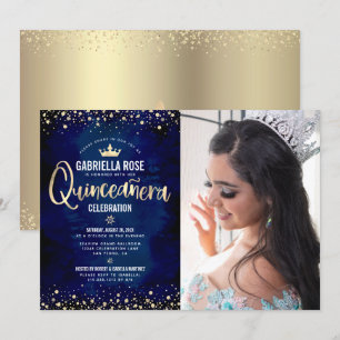 Photo Quinceañera Navy Gold Glitter Princess Crown Invitation