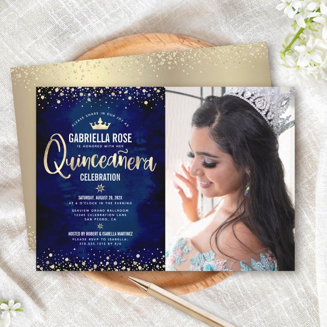 Photo Quinceañera Navy Gold Glitter Princess Crown Invitation (Creator Uploaded)
