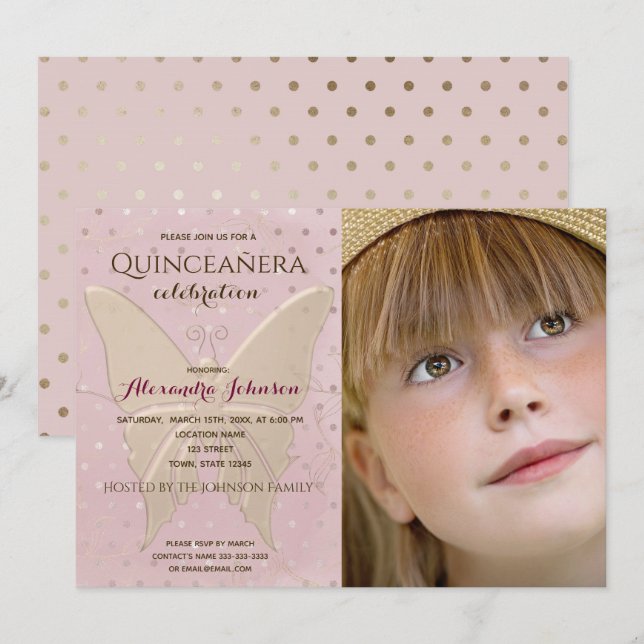 Photo Quinceanera Pink and Gold Butterfly Invitation (Front/Back)