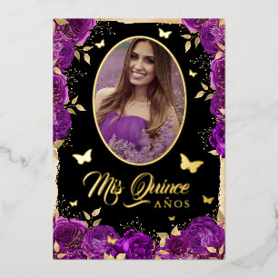 Photo Quinceanera Purple Gold Rose Butterfly 