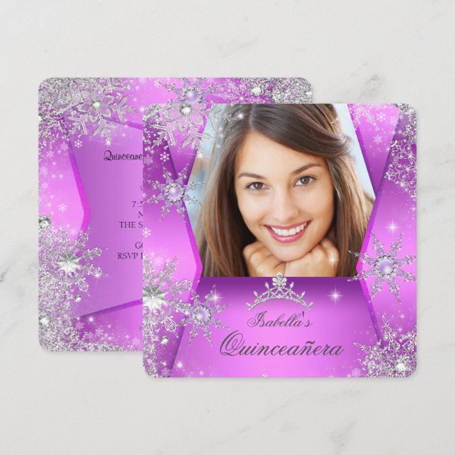 Photo Quinceanera Purple Pink Winter Wonderland Invitation (Front/Back)