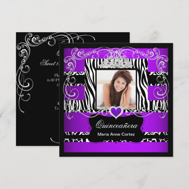 Photo Quinceanera Purple White Black Zebra Cow Invitation (Front/Back)