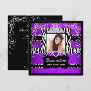 Photo Quinceanera Purple White Black Zebra Cow Invitation