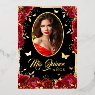 Photo Quinceanera Red Gold Rose Butterfly 