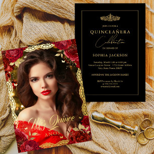 Photo Quinceanera Red Rose Gold Lace Birthday 