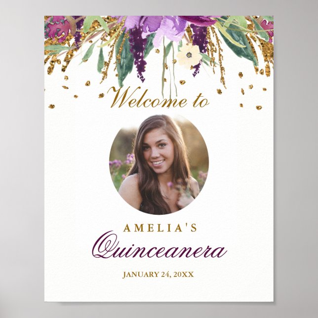 Photo Quinceanera Welcome Sign Amethyst (Front)
