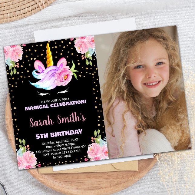 Photo Rainbow Black Unicorn Birthday Invitations (Photo Rainbow Black Unicorn Birthday Invitations)
