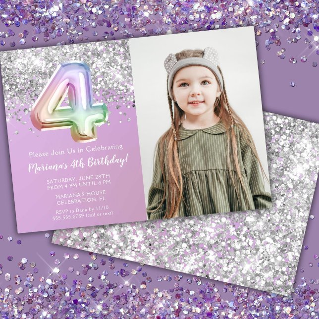 Photo Rainbow Sparkle 4th Birthday Invitation (Creator Uploaded)