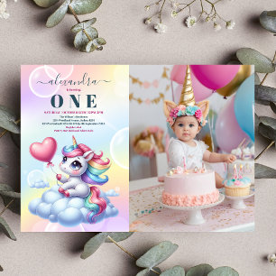 Photo Rainbow Unicorn Gold Glitter 1st Birthday  Invitation