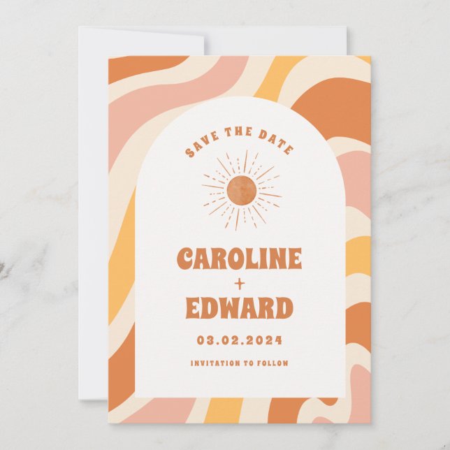 Photo Rainbow Wavy Groovy Save the Date Qr Code (Front)