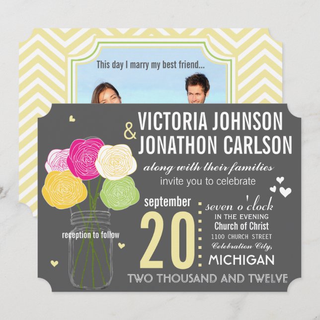 Photo Ranunculus Typography Modern Wedding Invitation (Front/Back)