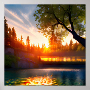 Photo Realistic Painting Waterfall In The Sunset Poster