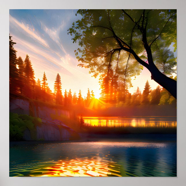 Photo Realistic Painting Waterfall In The Sunset Poster (Front)