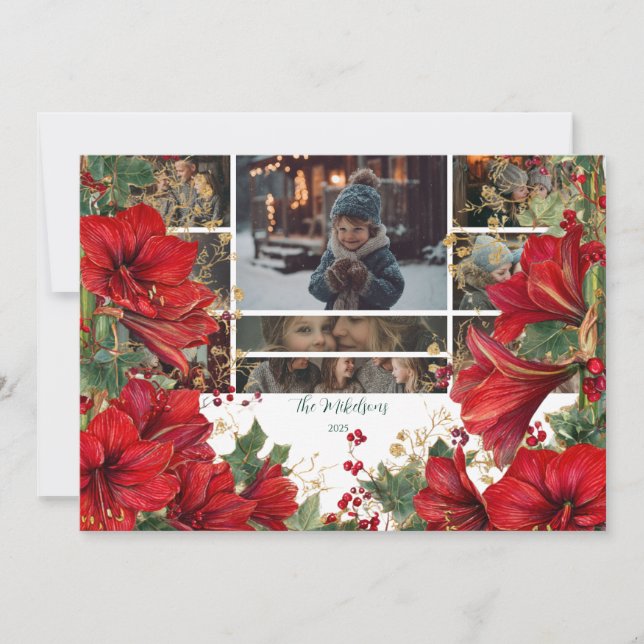 Photo Red Amaryllis Rustic Holiday Christmas Card (Front)