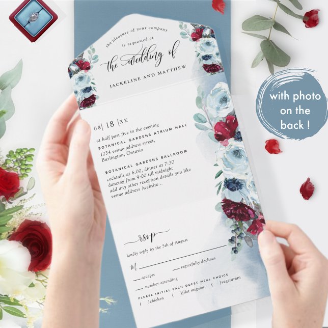 Photo, Red and Blue Wedding with Perforated RSVP All In One Invitation (Creator Uploaded)