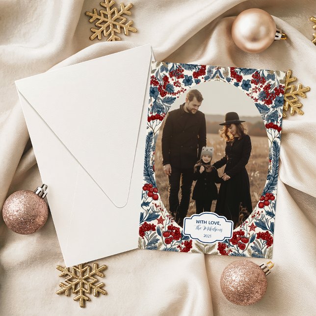 Photo Red Berry & Blue Pine Christmas Holiday Card (Creator Uploaded)