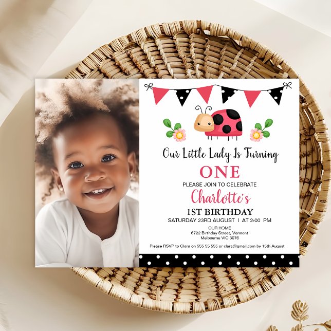Photo Red Black Polka Dots Ladybug 1st Birthday Invitation (Ladybug 1st Birthday Invitation Template, Our Little Lady ladybug Birthday Invitation Bunting Flags)