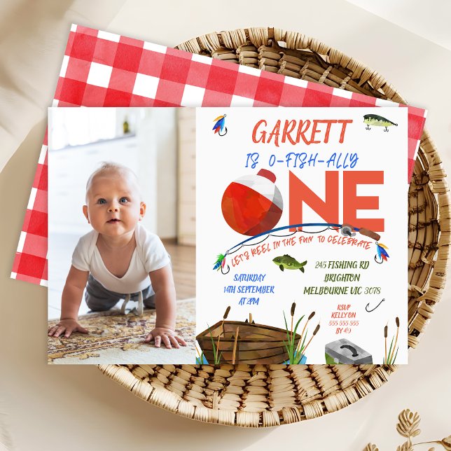 Photo Red Blue Boat Ofishally One 1st Birthday Invitation (Boys Ofishally One 1st Birthday Invitation Template, Printable Fishing 1st Birthday Invite)