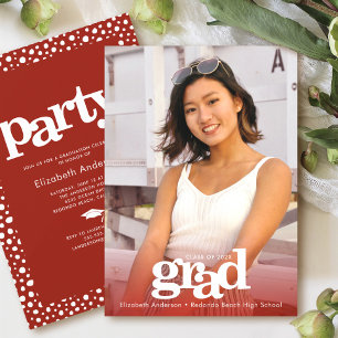 Photo red bold modern grad party simple elegant invitation