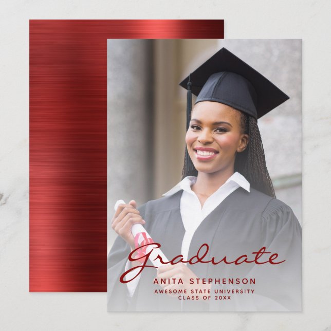 Photo Red Brushed Metal Graduation Announcement (Front/Back)