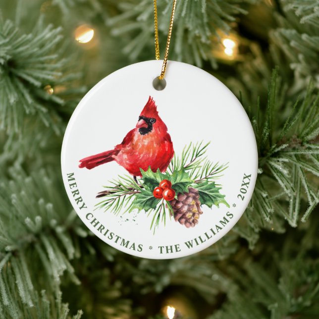 PHOTO Red Cardinal Holly Berry Christmas Holiday Ceramic Tree Decoration (Tree)