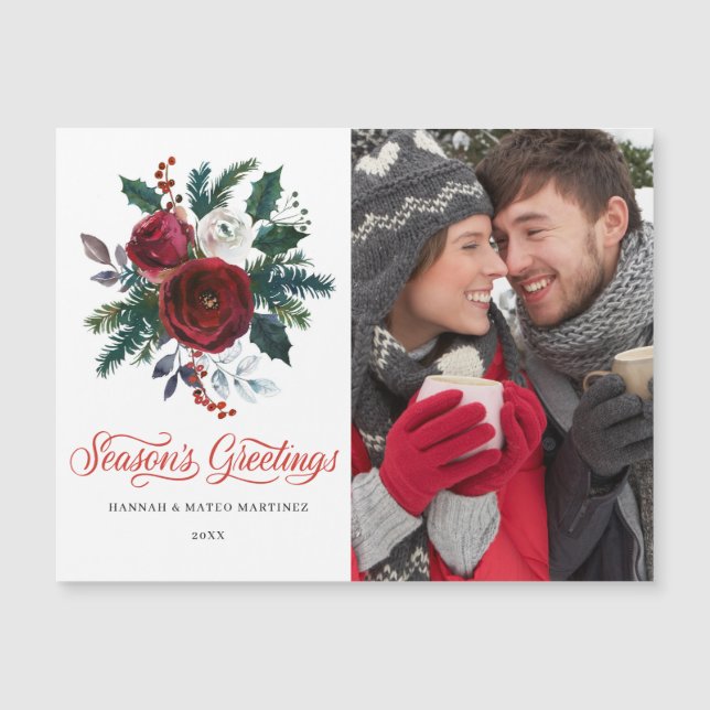 PHOTO Red Floral Christmas Holiday Magnetic Card (Front)