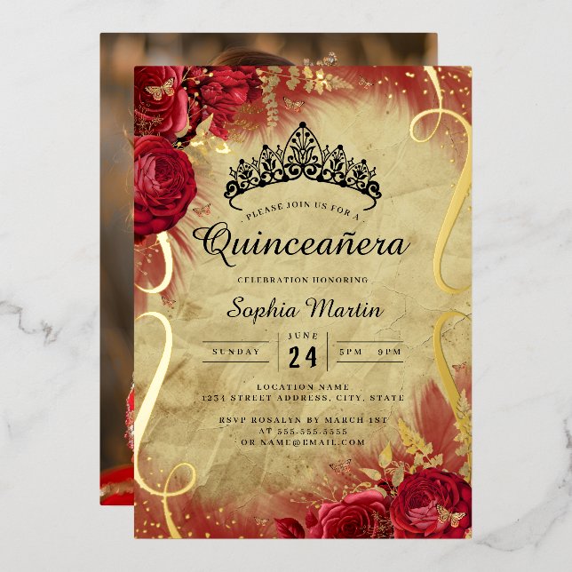 Photo Red Floral Scroll Quinceanera  (Front/Back)