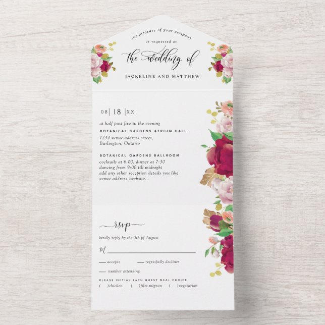 Photo, Red Floral Wedding with Perforated RSVP All In One Invitation (Inside)