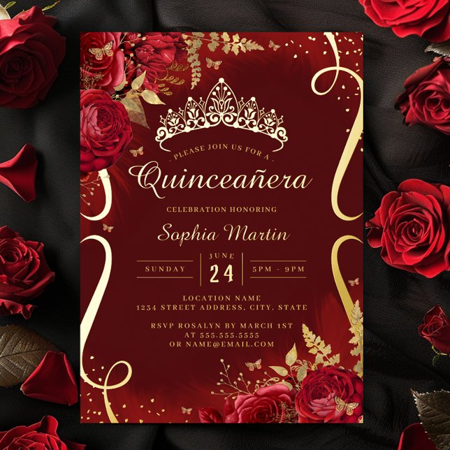 Photo Red Gold Floral Scroll Quinceanera  (Creator Uploaded)