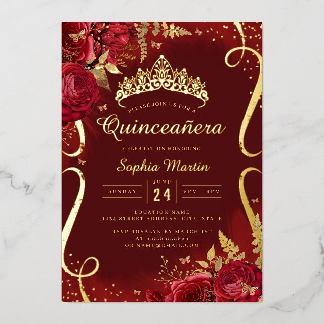 Photo Red Gold Floral Scroll Quinceanera  (Front)